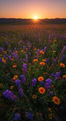 Naklejka premium Colorful Wildflower Field with Sunset Scene in Rural Landscape