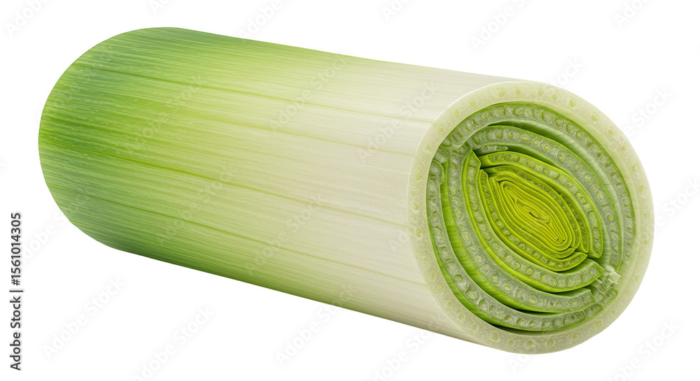 Poster fresh leek cut in half showcasing its layered structure and vibrant colors