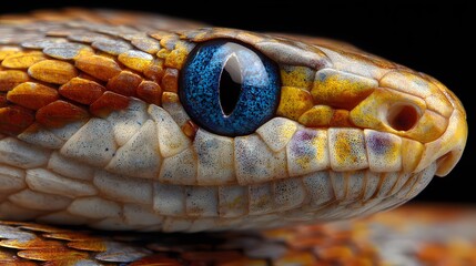 Fototapeta premium Intricate details of a snake's head are revealed in a striking close-up, showcasing vibrant colors and textures.