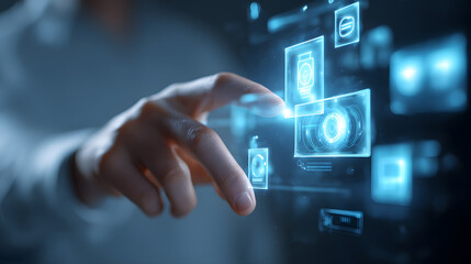 Innovation at your Fingertips: A close-up perspective showcases a finger interacting with an advanced digital interface, illuminating the dynamic convergence of technology and user experience.