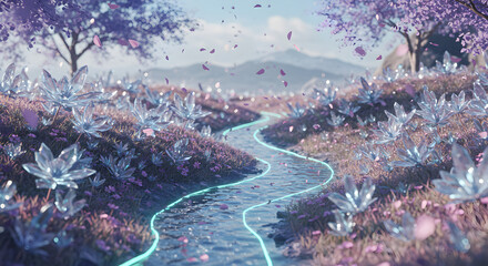 Winding icy river cutting through a surreal frozen landscape beneath a pastel sky filled with soft light
