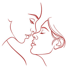 Intimate couple embracing in a minimalist red line art kiss embrace