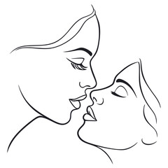 Minimalist continuous line art of a romantic kiss between two people love romance