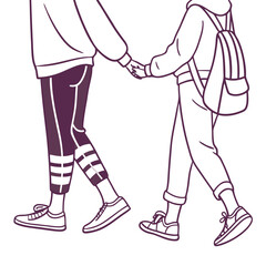 Two friends holding hands walking together outline two people