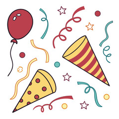 Festive celebration elements red balloon party hats confetti stars vector