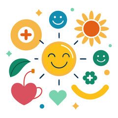 Cheerful sun with smiling faces and positive symbols happy