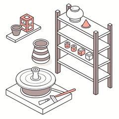 Pottery wheel shelf and tools for ceramic creation studio clay