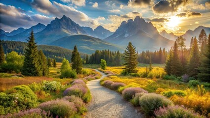 Serene Sunset Pathway Winding Through a Vibrant Wildflower Meadow, Towards Majestic Mountain Peaks