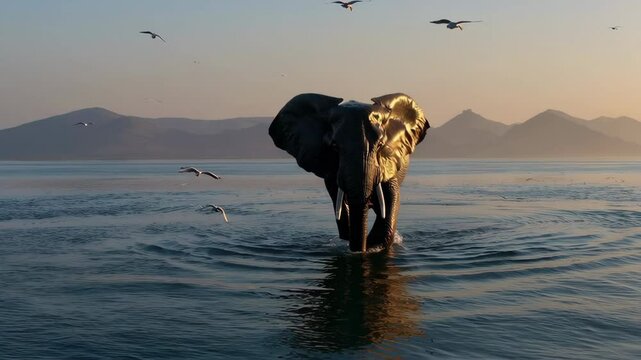 Majestic elephant walking in shallow water at sunset
