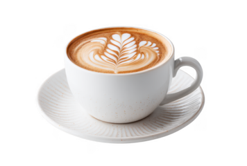A beautifully crafted latte art in a white ceramic cup placed on a textured saucer. showcasing intricate leaf patterns. against a clean white background. perfect for coffee enthusiasts