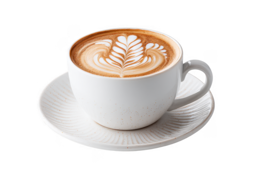 A beautifully crafted latte art in a white ceramic cup placed on a textured saucer. showcasing intricate leaf patterns. against a clean white background. perfect for coffee enthusiasts