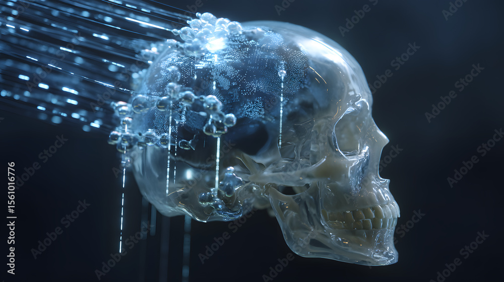 Poster digital skull and futuristic structures: a captivating digital rendering of a translucent skull inte