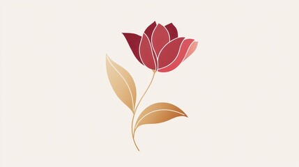 minimalist red tulip with golden leaves illustration on light background, modern floral design artwork. wallpaper beige background for web design, ads, copy prints, clip art 