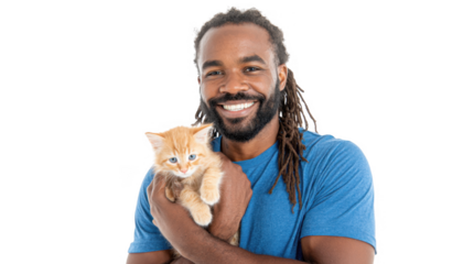 A joyful man in a blue shirt smiling while holding a fluffy orange kitten close to his chest. set against a clean white background. conveying warmth and companionship