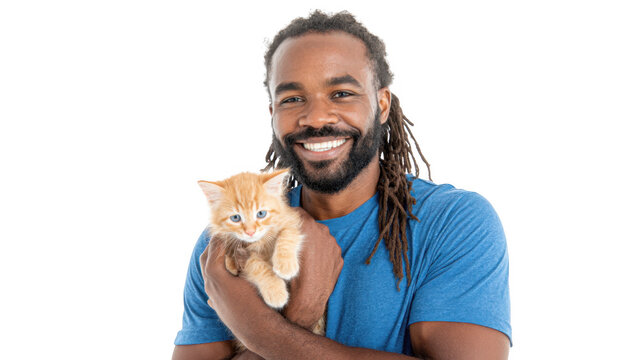 A joyful man in a blue shirt smiling while holding a fluffy orange kitten close to his chest. set against a clean white background. conveying warmth and companionship