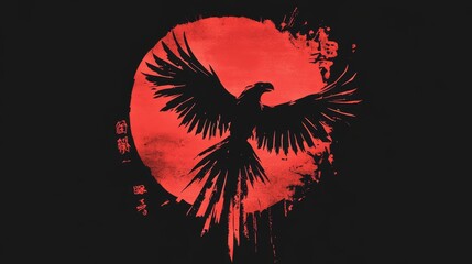 black crow flying in front of red full moon on dark background, bold gothic fantasy illustration. wallpaper dark black background for web design, ads, copy prints. blank copy space on the sides

