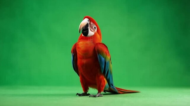 Scarlet macaw standing on a green surface with a bright green background in a studio setting green screen animal video