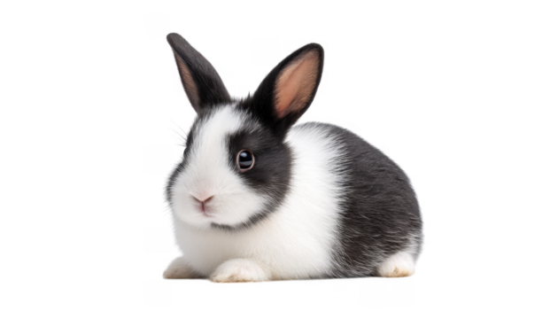 A cute black and white rabbit sitting calmly on a white background. showcasing its soft fur and curious expression. perfect for animal-related themes or pet care content
