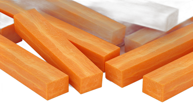 Group of evenly cut carrot sticks arranged closely on a black surface