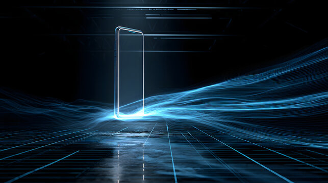 Smartphone in digital landscape: A sleek smartphone floats in a vibrant digital realm, its screen glowing, surrounded by dynamic lines, emphasizing modern connectivity and technology.