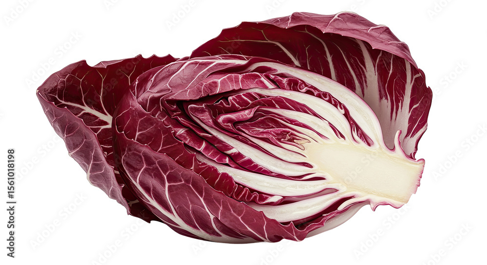 Poster half cut radicchio head showing intricate leaf layers on dark background