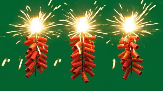 Firecrackers exploding on green background