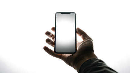 Hand Holding a Smartphone: A close-up captures a hand elegantly holding a modern smartphone with a pristine, blank screen, ready for any application.