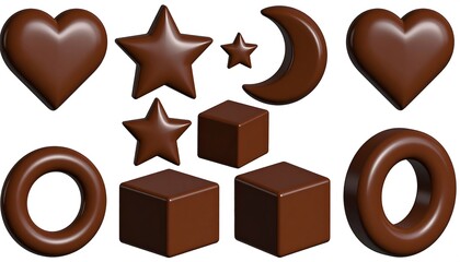 Glossy 3D Chocolate Shapes Heart with Star, Moon, Ring, and Cube isolated on White.