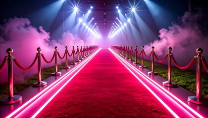 Glowing red carpet runway with spotlights with smoke, rope barriers, and and green grass.