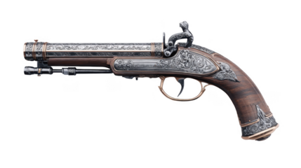 A beautifully crafted antique pistol with intricate engravings and a wooden handle. displayed against a plain background. showcasing its historical significance and artistic design