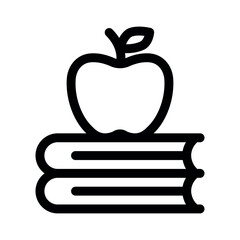Apple on stack of books line icon. Simple vector symbol used for school, travel, or education themes. Clean linear design, Thin stroke design, isolated on white.