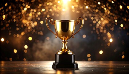 Gold Trophy on a Table with Festive Bokeh Light Background for Award Ceremony.