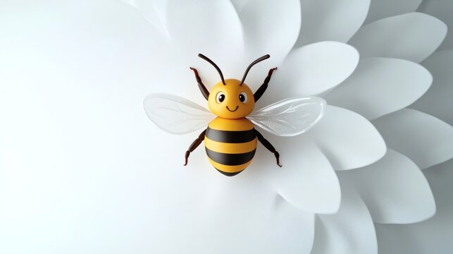 A cartoon bumble bee rests on a white abstract flower petal