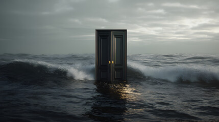 Ocean Doorway: A mysterious dark door stands in the turbulent ocean, waves crashing around it, a single light emanating from within, symbolizing hope or a new beginning in a surreal seascape.