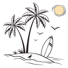 Tropical beach scene with palm trees surfboard and sun