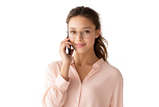 A young woman with glasses smiling while talking on her smartphone. dressed in a light pink blouse. against a clean white background. conveying a sense of connection and modern communication