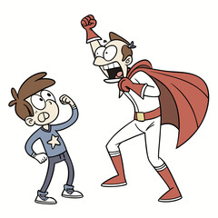 Excited dad in superhero costume versus surprised boy