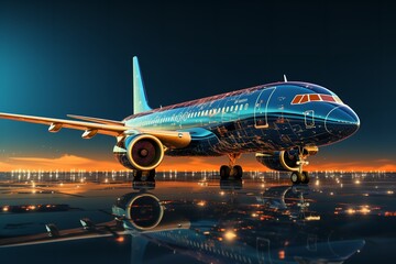 Fototapeta premium Low Poly Wireframe Airplane Flying in the Dark Blue Sky.