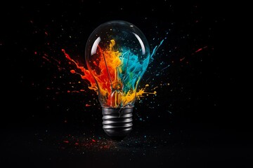 Clear glass lightbulb exploding with vibrant red orange and blue paint splashes against a black background