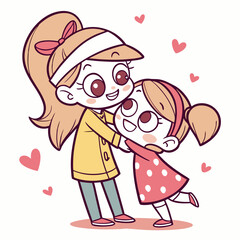 Two happy cartoon sisters hugging with hearts love