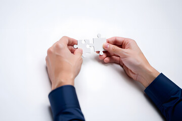 Businessman's hands connect jigsaw pieces, drawing a strategic diagram for a successful business solution