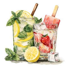Refreshing summer cocktails watercolor illustration with lemon strawberry mint ice cubes and popsicle perfect for summer drinks menu design or beverage on transparent background cold food