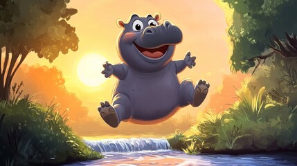 Naklejka premium A happy cartoon hippopotamus jumps joyfully over a flowing river