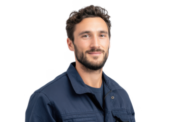 A confident young man with a well-groomed beard and curly hair. wearing a dark blue work jacket. poses for a professional portrait against a clean. white background. suitable for business or personal