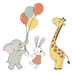 Cute elephant rabbit and giraffe with balloons party