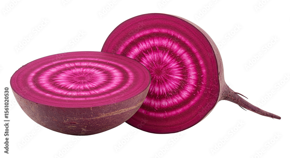 Poster sliced beetroot showing concentric rings and vibrant purple color close up view