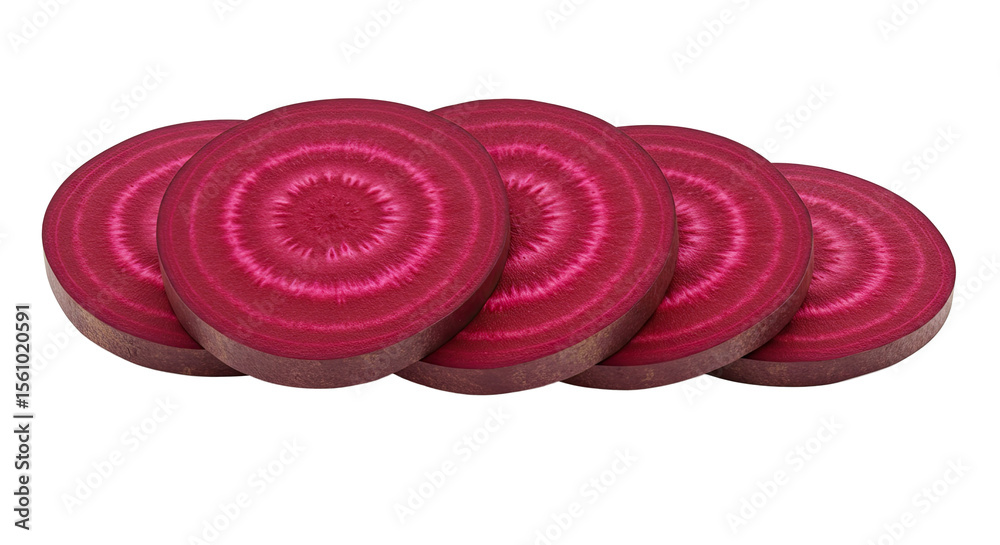 Poster sliced beets arranged in a row showcasing their vibrant rings and textures