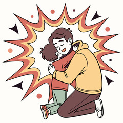 Father embracing child with comic explosion embrace