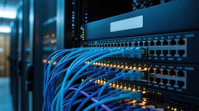 High-Speed Network Switch with Ethernet Cables in Data Center