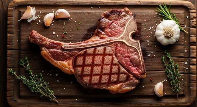 Grilled Steak Juicy Raw Beef on Rustic Wood Cutting Board